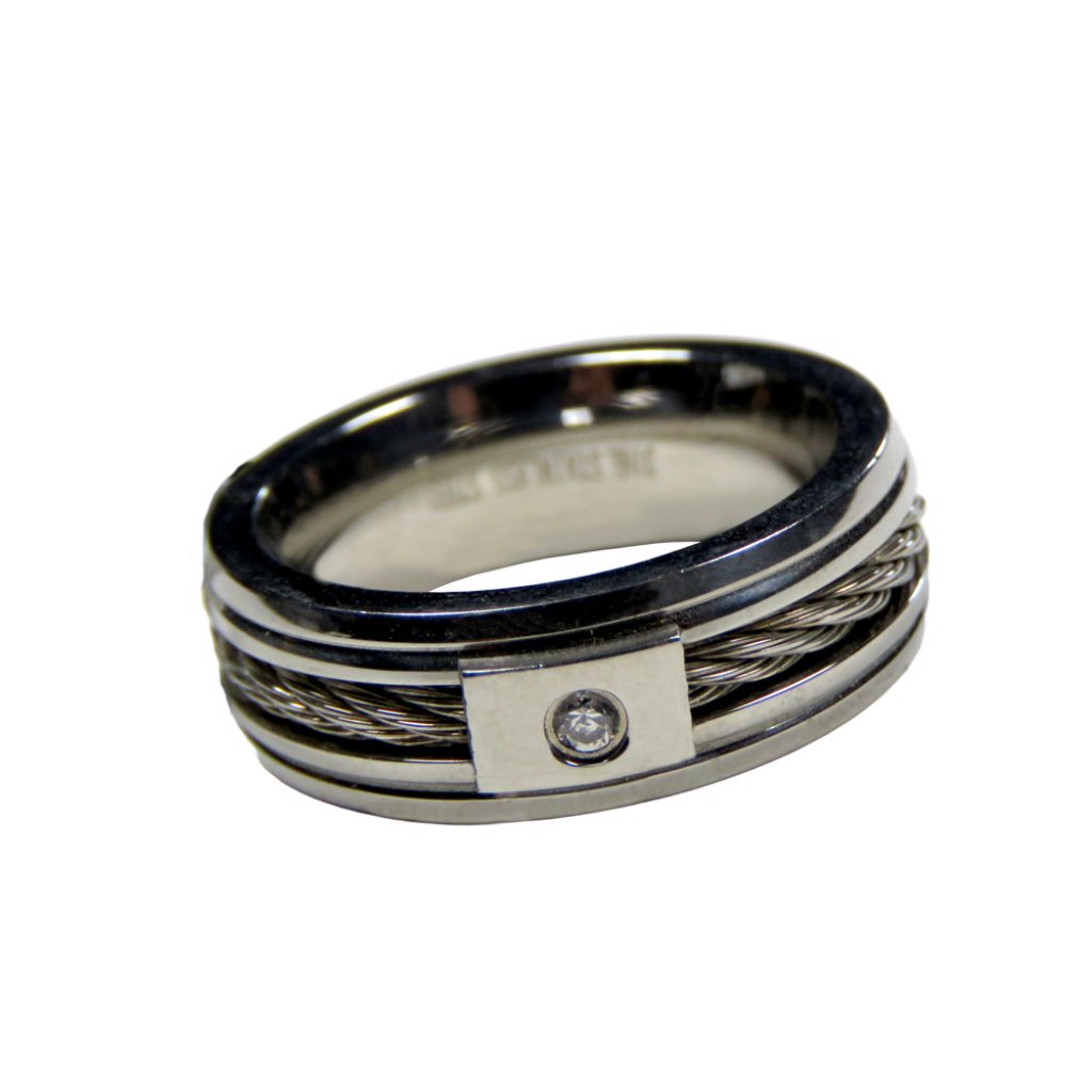 Inox Men's Polished Stainless Steel Cable Crystal Band Ring